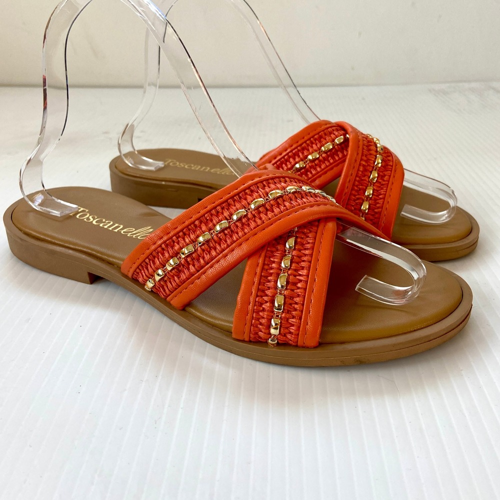 Toscanella Orange Woven Leather Gold Beaded Criss Cross Slide Sandals Womens 8‎